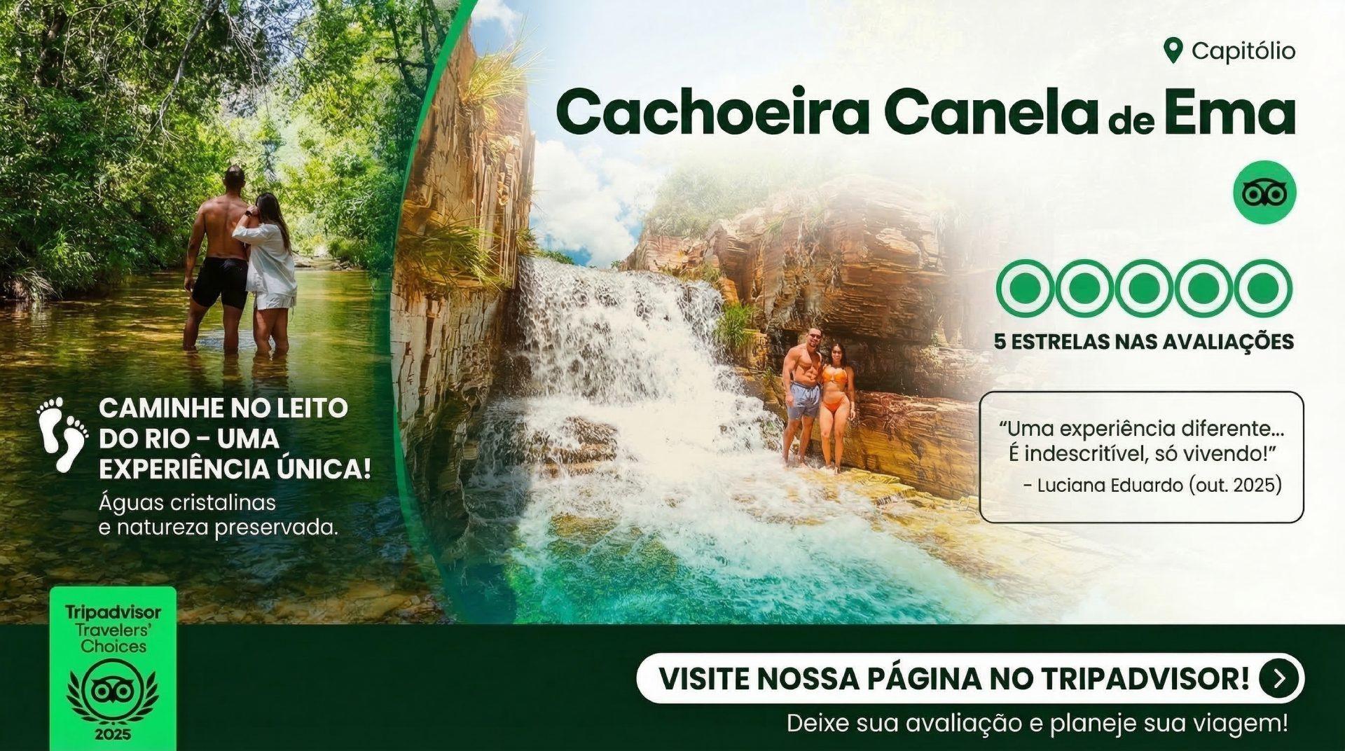 Reconhecimento Mundial - TripAdvisor Eleita entre as melhores do mundo pelo Travellers' Choice 2025 do TripAdvisor Com a impressionante nota 4,8 no TripAdvisor, a Cachoeira Canela de Ema é o destino número 1 para quem não aceita menos que a perfeição em Capitólio. Não somos nós que dizemos, são os milhares de viajantes que nos escolheram como a experiência mais autêntica, segura e encantadora de Minas Gerais.