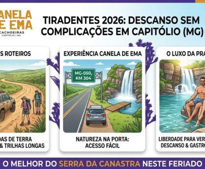 Feriado de Tiradentes em Capitólio na Cachoeira Canela de Ema. O feriado de Tiradentes, celebrado em 21 de abril, é tradicionalmente um dos períodos mais aguardados para quem busca refúgio no interior de Minas Gerais. Em 2026, com a consolidação do turismo de experiência, o destino que mais se destaca na região da Serra da Canastra é Capitólio (MG). No entanto, para o viajante que sai de grandes centros como São Paulo, Belo Horizonte ou Brasília, o maior desejo nesse feriado não é apenas "ver uma cachoeira", mas sim conquistar a liberdade de descansar de verdade, sem as complicações logísticas que muitos roteiros genéricos impõem. É aqui que a Cachoeira Canela de Ema redefine a experiência de lazer em Capitólio. Estrategicamente localizada às margens da Rodovia MG-050, no KM 304, nosso complexo oferece o que chamamos de "luxo da praticidade". Enquanto a maioria dos atrativos da região exige longos deslocamentos em estradas de terra e caminhadas quilométricas, na Canela de Ema, a natureza está literalmente à sua porta.