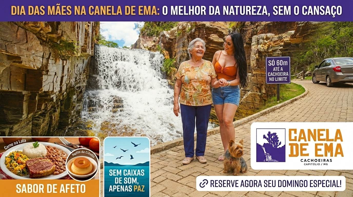 Feriado do Dia das Mães em Capitólio na Cachoeira Canela de Ema. O Dia das Mães é mais do que uma data no calendário; é o momento de retribuir o cuidado de quem sempre nos guiou. Em 2026, a tendência das famílias brasileiras é buscar destinos que ofereçam uma desconexão real da rotina, mas com uma infraestrutura que garanta o bem-estar de todos, desde as crianças até as avós. Se o seu plano é visitar Capitólio (MG), você sabe que a região é belíssima, mas muitas vezes impõe desafios físicos. Na Cachoeira Canela de Ema, nós eliminamos esses obstáculos para que o foco do seu feriado seja exclusivamente a celebração em família. Localizada estrategicamente no KM 304 da Rodovia MG-050, a Canela de Ema consolidou-se como o atrativo mais amigável para as mães em toda a região de Furnas. Aqui, a nossa verdade operacional é o que nos diferencia: oferecemos a experiência da Serra da Canastra com o conforto e a praticidade de um local onde tudo está ao alcance das mãos.