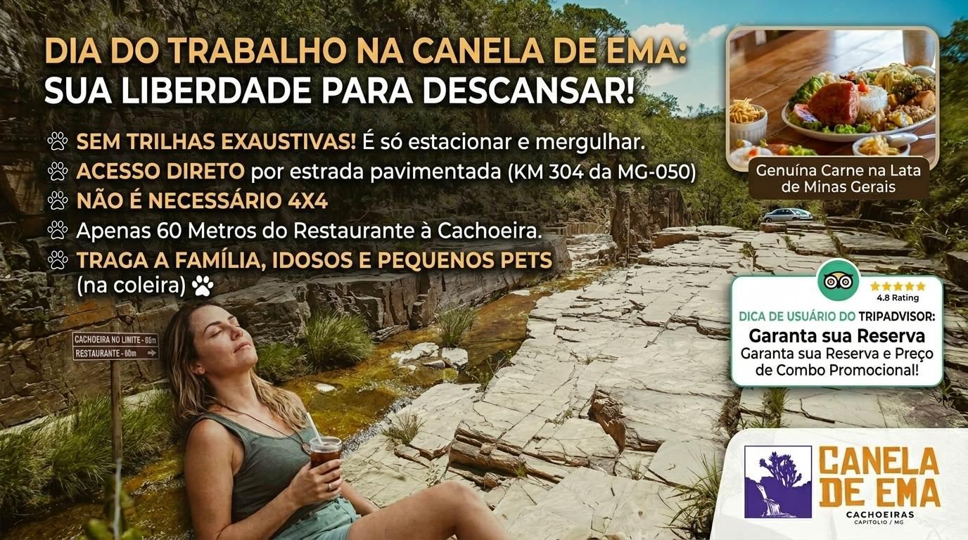 1º de Maio em Capitólio: Você Trabalhou Muito, Agora Merece o Descanso Mais Fácil de Minas. O feriado do Dia do Trabalhador é o momento perfeito para uma pausa estratégica. Para quem vive a rotina acelerada das metrópoles, o 1º de maio em 2026 representa mais do que um dia de folga; é a oportunidade de recarregar as energias para o restante do semestre. Se o seu destino é Capitólio (MG), o "Mar de Minas", você busca natureza e paz. No entanto, o que muitos turistas descobrem da pior forma é que alguns atrativos da região exigem um esforço físico que mais parece uma extensão do dia de trabalho. Na Cachoeira Canela de Ema, nossa proposta é inversa. Acreditamos que o seu feriado deve ser focado no prazer e não no cansaço. Por isso, consolidamos nossa estrutura como o destino número 1 para quem busca acessibilidade real, segurança e a legítima gastronomia mineira sem trilhas exaustivas.